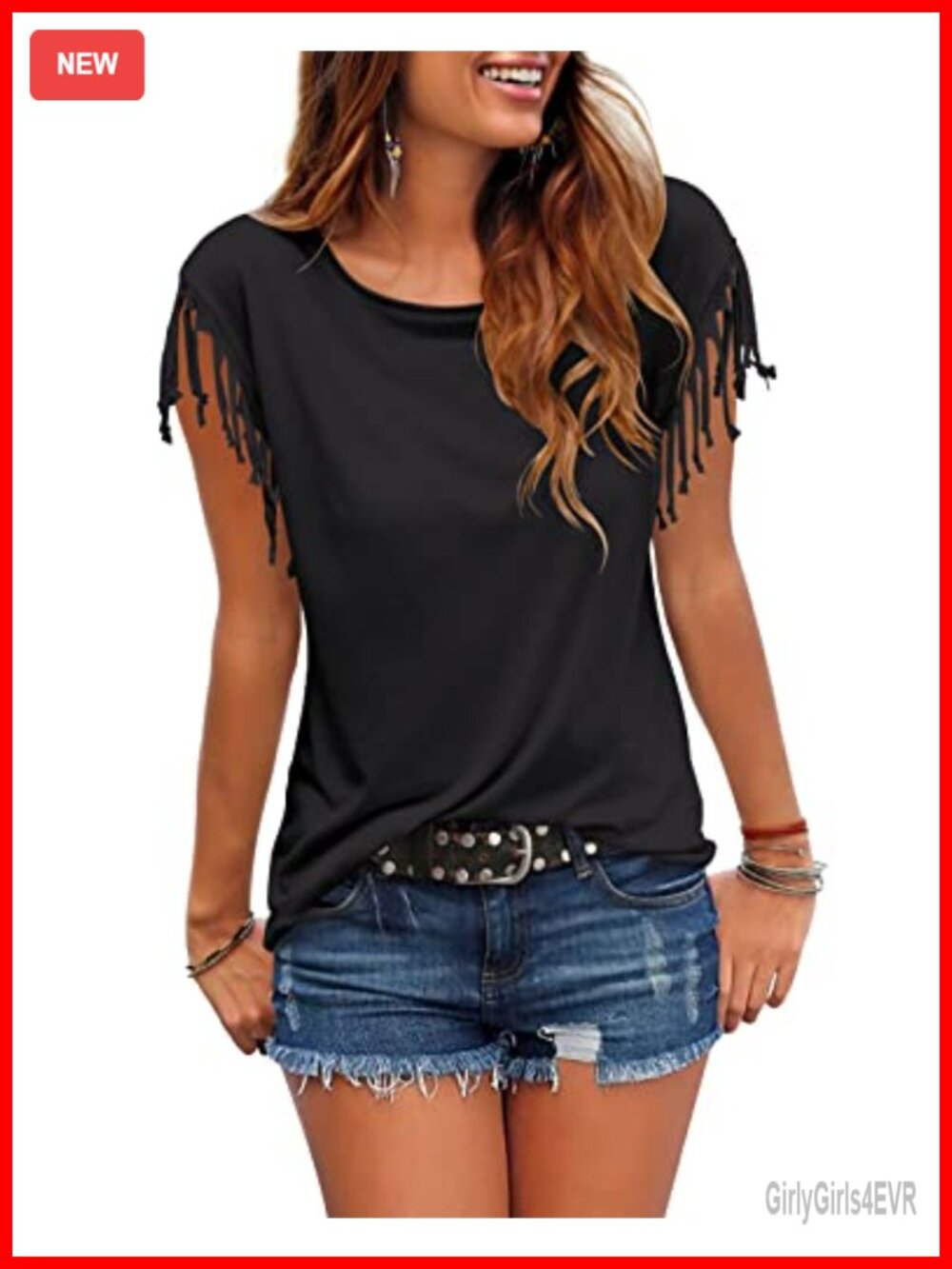 Cosonsen Women's Tassel Short Sleeve Round Neck Summer Top